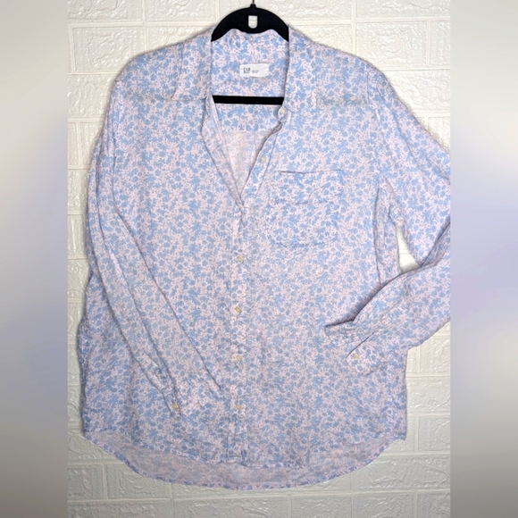 259-GAP Light Blue and White Floral Linen Blouse - Picture 5 of 5